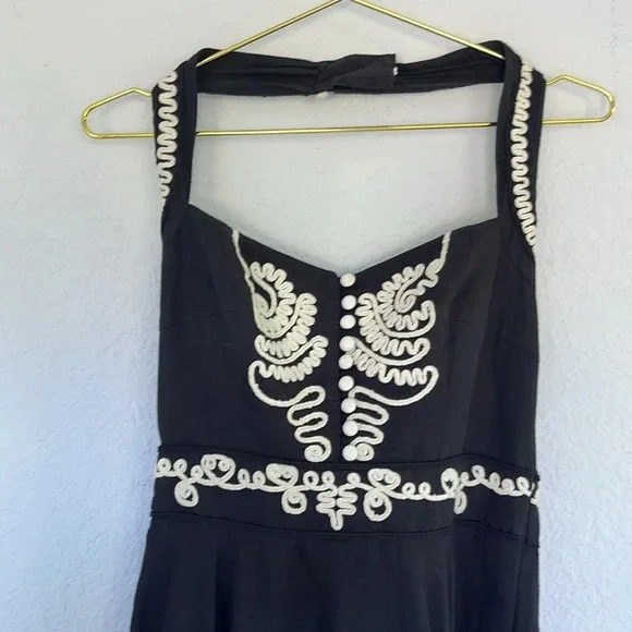 French Connection Black Ivory Linen Blend Embroidered Sweetheart Halter Dress 6 - Picture 2 of 9